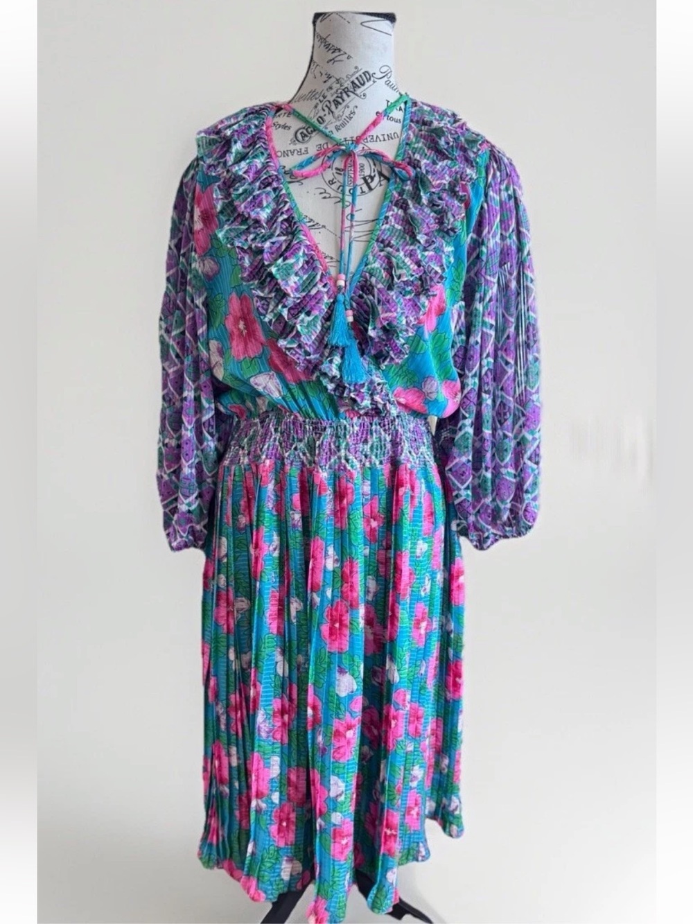 Vintage 80s Diane Freis Floral Pleated Maxi Dress Balloon Sleeve Boho Dress - Picture 2 of 13